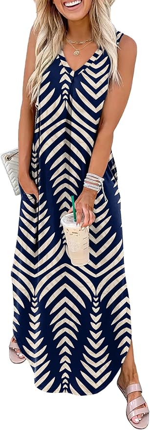OFEEFAN Maxi Dresses for Women 2026 Loose V Neck Sleeveless Casual Beach Vacation Dress Side Slit Sundresses with Pockets