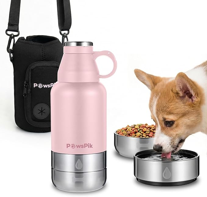 PawsPik 32oz 3-in-1 Travel Dog Water Bottle & Bowl Set – Stainless Steel Vacuum-Insulated Bottle with Detachable Food & Wa...
