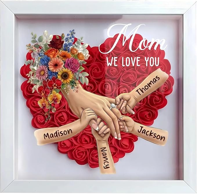 Personalized Mommy Holding Hands Flower Shadow Box with Ring and Manicure, Custom Kids Names Floral Heart Led Light Frame,...
