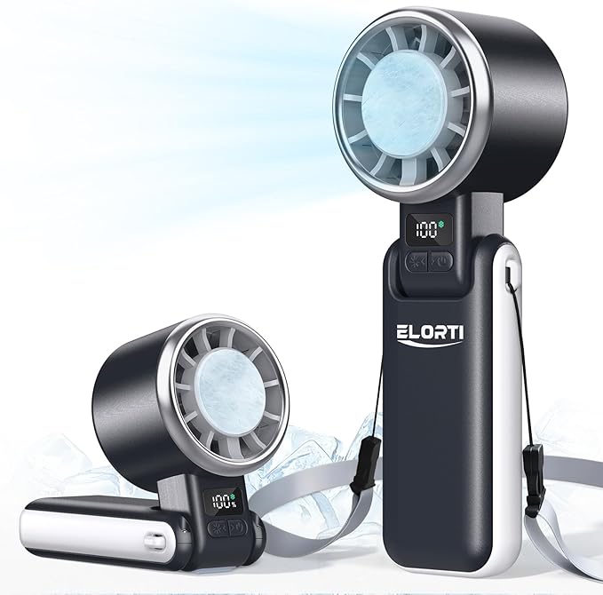 ELORTI Portable Fan, Handheld Fan with Turbo & Ice Cooling, 5-Speed 4000mAh Rechargeable, 3-in-1 Foldable Small Travel Han...
