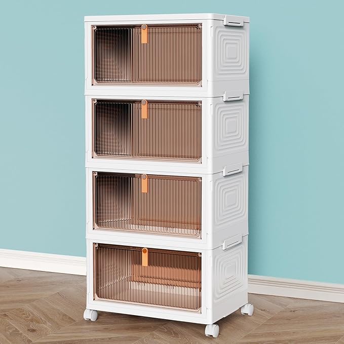 CTSNSLH 4 Tier Plastic Storage Bins and Boxes Organizer - Stackable with Lids for Bedroom, Living Room, Office - Foldable ...