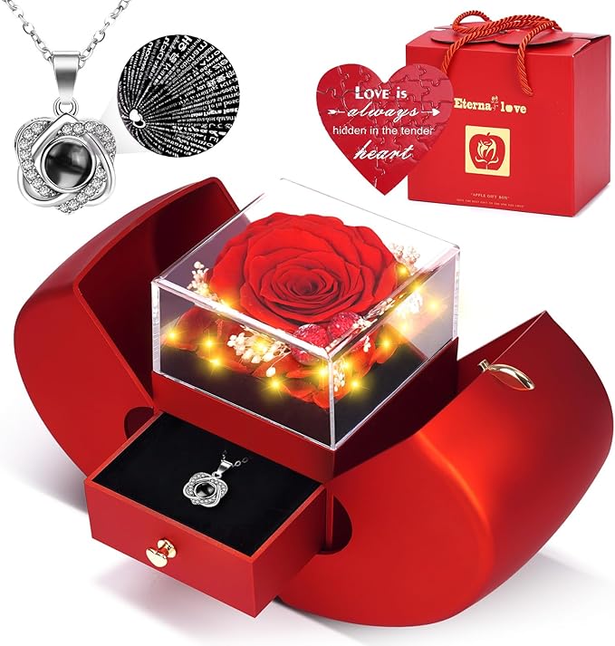 Preserved Real Red Rose Necklace Set with Light Up Box & 100 Languages I Love You Necklace,Mothers Day Rose Gifts for Mom,...