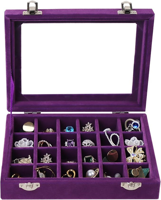 EONGOA Velvet Jewelry Box 24 Grid Jewelry Earrings Display Organiser Box Ring Tray Holder Earrings Storage Case for Girls ...
