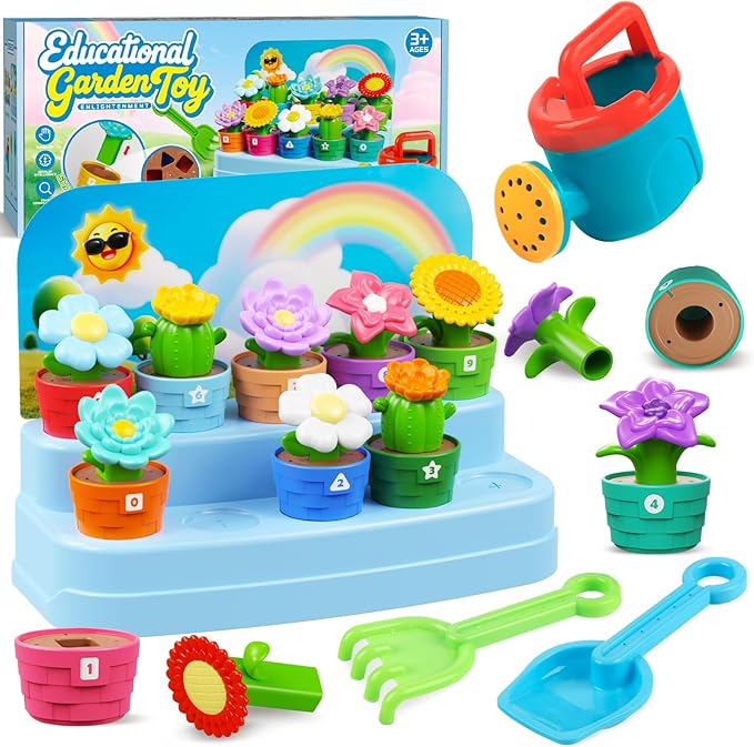 Montessori Flower Garden Building Toy for Toddlers, Gardening Set with Watering Can, Shovel, Rake, Shape & Color Sensory T...
