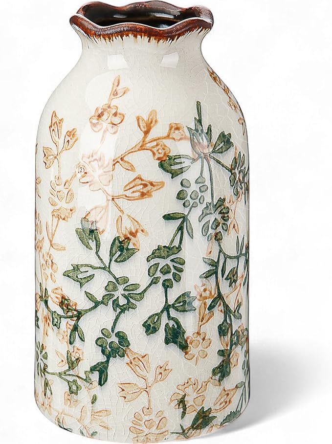 Ninehaoou Green Vintage Vase Ceramic Crackle Floral Vase for Farmhouse Retro Home Bookshelf Living Room Table Centerpiece ...