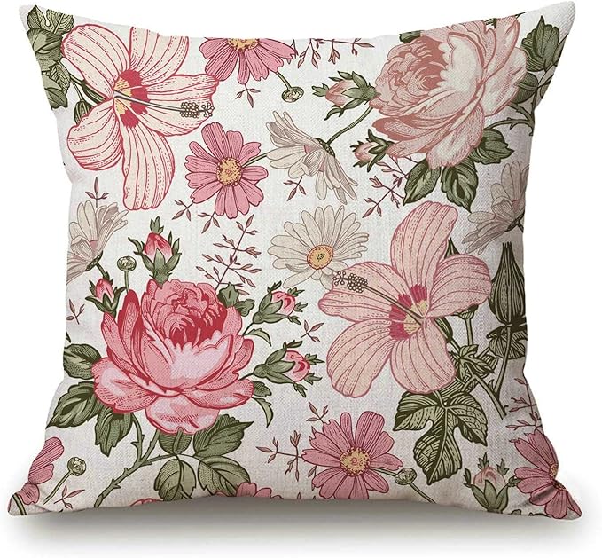 Solekla Pink Flowers Decorative Throw Pillow Cover Case Cushion Home Living Room Bed Sofa Car Cotton Linen Square 18 x 18 ...