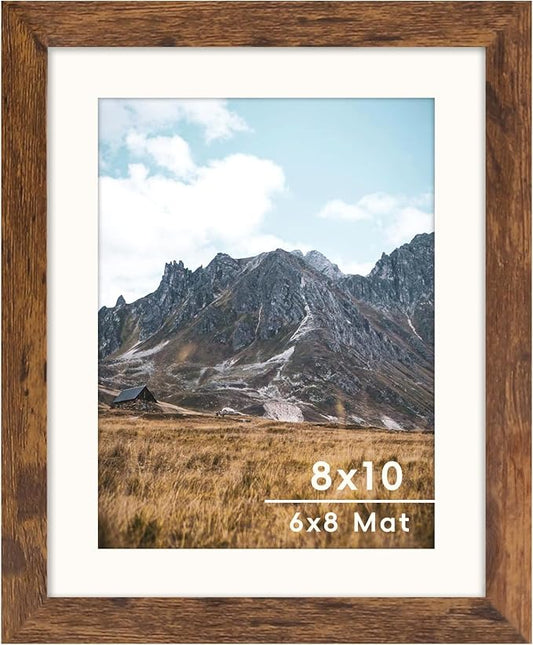 SNXJWA Brown 8x10 Picture Frame with Mat for 6x8 Display, Rustic Desk Wall Photo Frame for Horizontal and Vertical, 1 Pack
