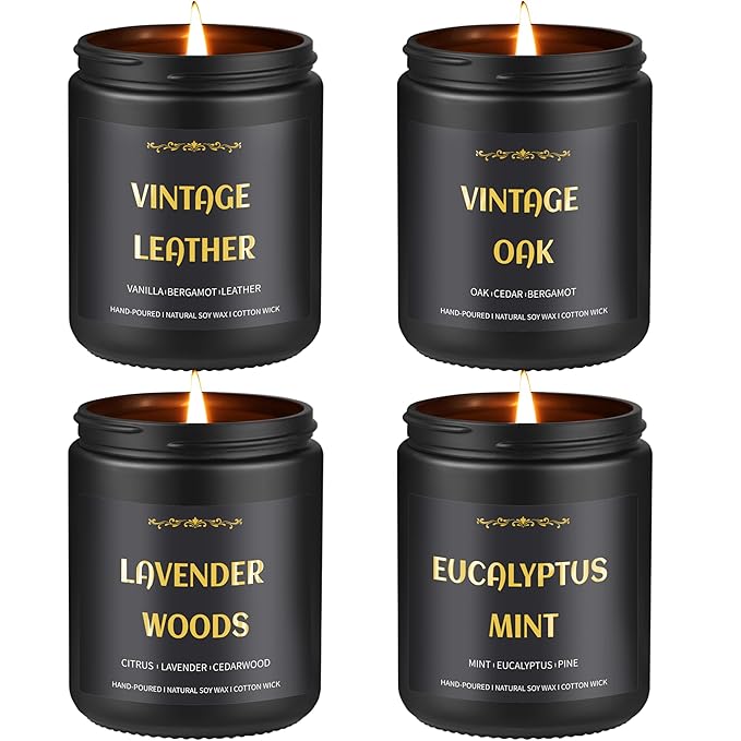 Scented Candles for Men, 4 Pack Mens Candle Set, Soy Candles for Home Scented, Masculine Candle Gifts for Him, 28oz, 200 H...