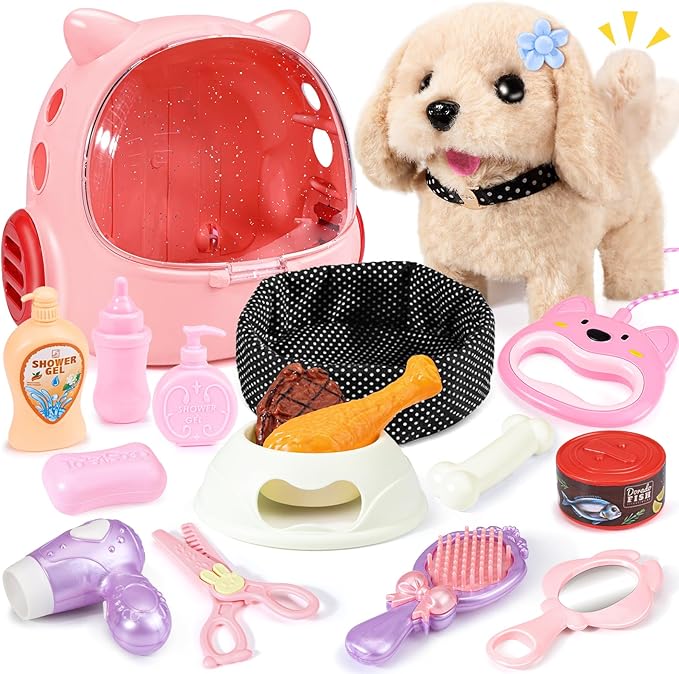 Eohemeral 23 Pcs Walking Dog Toy for Kids 3-5 5-7, Electronic Interactive Puppy with Carrier & Leash, Realistic Barking Wa...