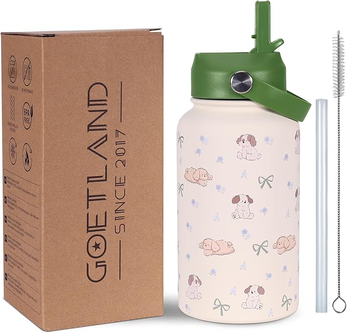 Goetland 20 oz Insulated Water Bottle with Straw Lid Stainless Steel Cute Dog Cat Pattern UV Printed Vacuum Double Wall Le...