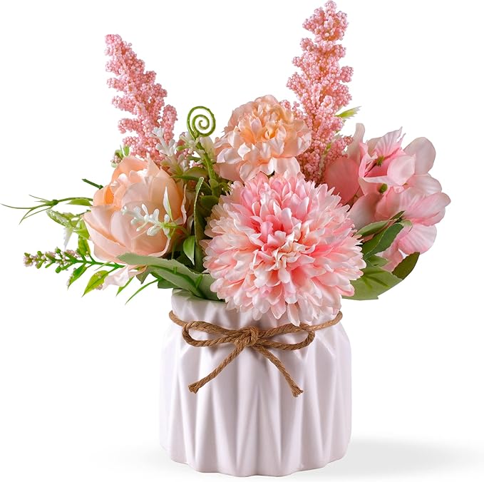 Artificial Potted Flowers Pink, Small Ceramic Vase Fake Flower Plants Desktop Decoration Indoor for Home and Office, Faux ...