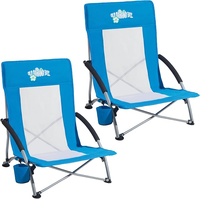 Old Bahama Bay Folding Beach Chair 2 Pack, Beach Chairs for Adults Low Beach Camping Chair with Cup Holder Mesh Back for O...