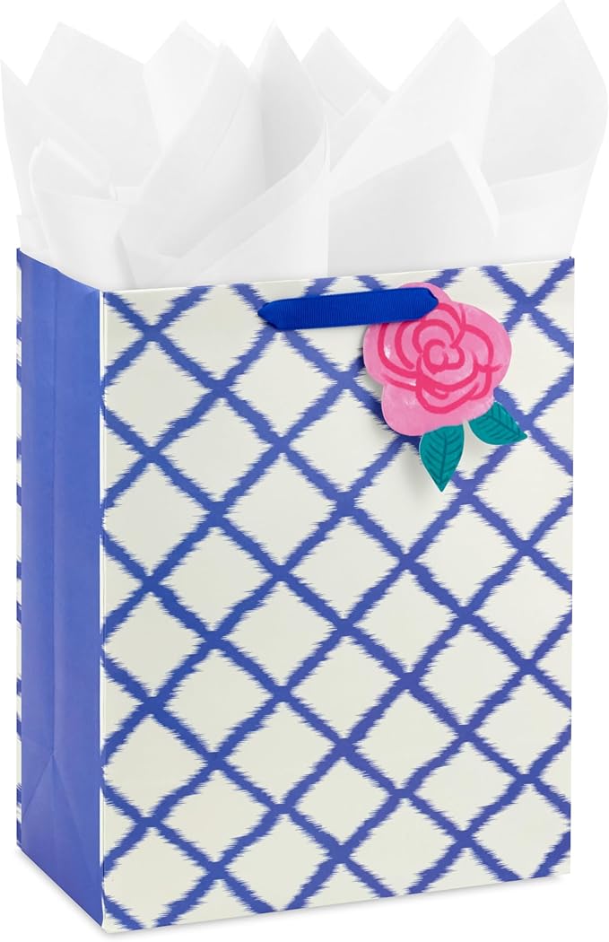 Hallmark 13" Large Gift Bag with Tissue Paper and Gift Tag (Pink Flower on Blue Plaid) for Valentine's Day, Mother's Day, ...