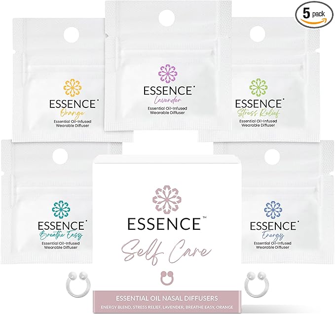 Essence Nasal Diffuser Self Care Bundle – Essential Oil Silicone Nose Rings for Stress, Energy & Mental Clarity – Wearable...