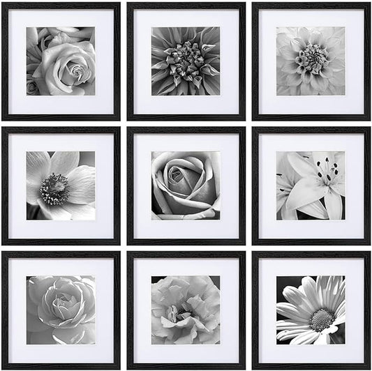 eletecpro 12x12 Picture Frames Set of 9 with Clear Acrylic Cover, Display 8x8 Photos with Mat or 12x12 Without, Classic an...