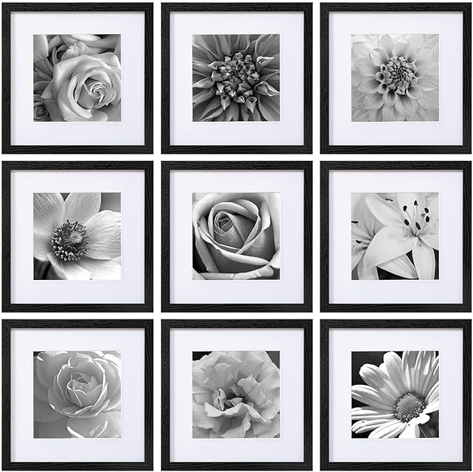 eletecpro 12x12 Picture Frames Set of 9 with Clear Acrylic Cover, Display 8x8 Photos with Mat or 12x12 Without, Classic an...