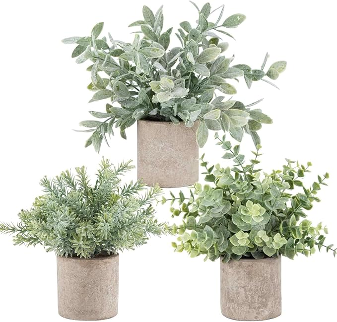 Der Rose 3 Pack Mini Potted Fake Plants Artificial Plastic Eucalyptus Plants Topiaries for Home Office Desk Farmhouse Shel...