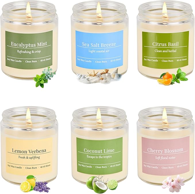 6 Pack Spring Summer Scented Candles Set for Women, Natural Non-Toxic Aromatherapy Candles with Lemon Verbena/Sea Salt Sce...