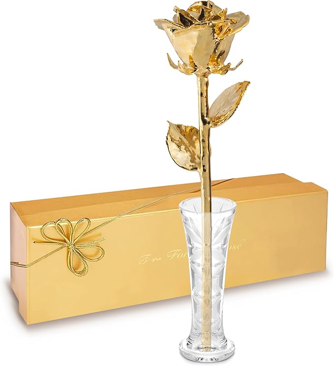 Forever Rose 24K Gold Dipped Real Rose – Handmade, Long-Lasting Preserved Flower in Glass Vase & Gold Box, Romantic Gift f...