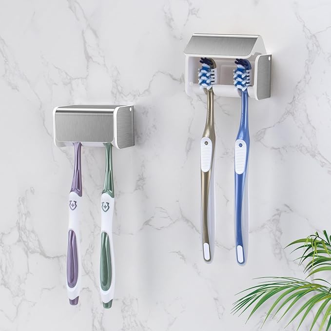 PARKMANI 2 PCS Toothbrush Holders Wall Mounted with Cover, Electric Tooth Brushing Holder for Bathroom, 2 Slots Self Adhes...