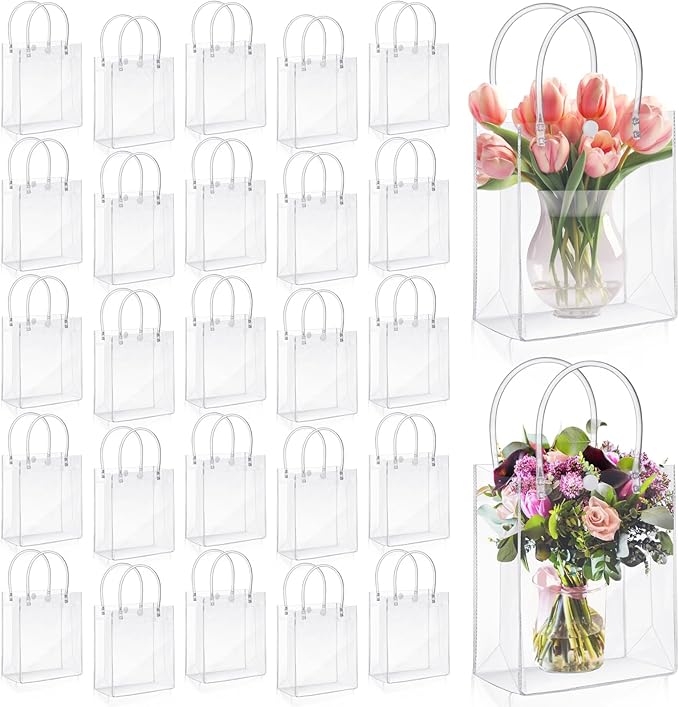 LEIFIDE 50pcs Clear Plastic Gift Bags with Handles PVC Reusable Transparent Totes Bags for Goodie Candy School Birthday Pa...
