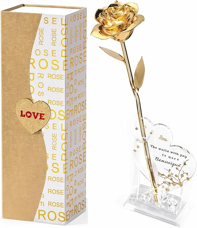 Mikasol Gold Dipped Real 24K Gold Rose, 1 Pack Infinity Flower Decor Hand Dipped in 24K Romantic Rose Gifts for Women in H...