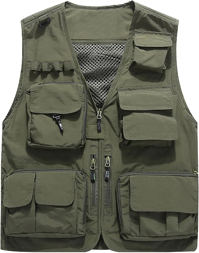 Flygo Men's Casual Lightweight Outdoor Fishing Work Safari Travel Photo Cargo Vest Jacket Multi Pockets