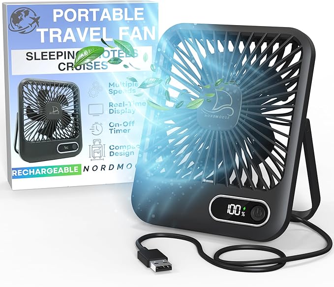 Small Travel Fan For Sleeping, USB-C Rechargeable Battery Powered Personal Mini Desk Fan for Office, Bedroom, Hotel Room -...