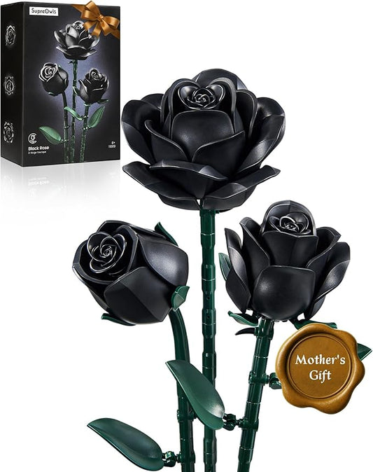 iATOM Black Roses Flower Building Set - 3Pack, Gift for Mother Day Mom/Her/Girlfriend/Wife/Couple, Gothic Emo Vintage Retr...