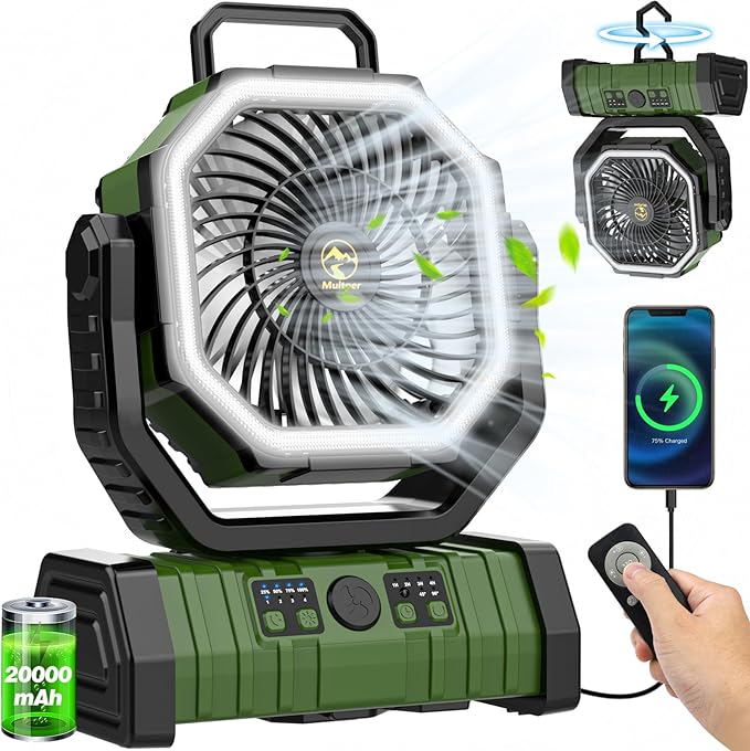 20000mAh Rechargeable Camping Fan, Auto-Oscillating Portable Fan for Camping with Remote & LED Lantern, 4 Speeds Battery P...