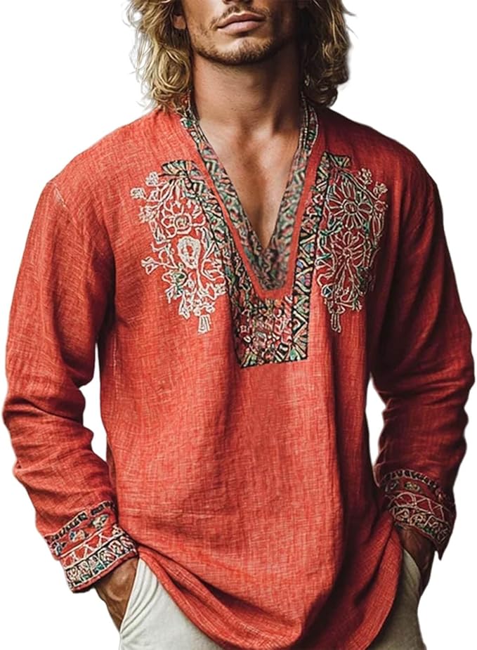 Mens Cotton Shirts Vintage Ethnic Floral Tops Boho V Neck Beach Sweatshirts Trendy Casual Long Sleeve Fall Outerwears