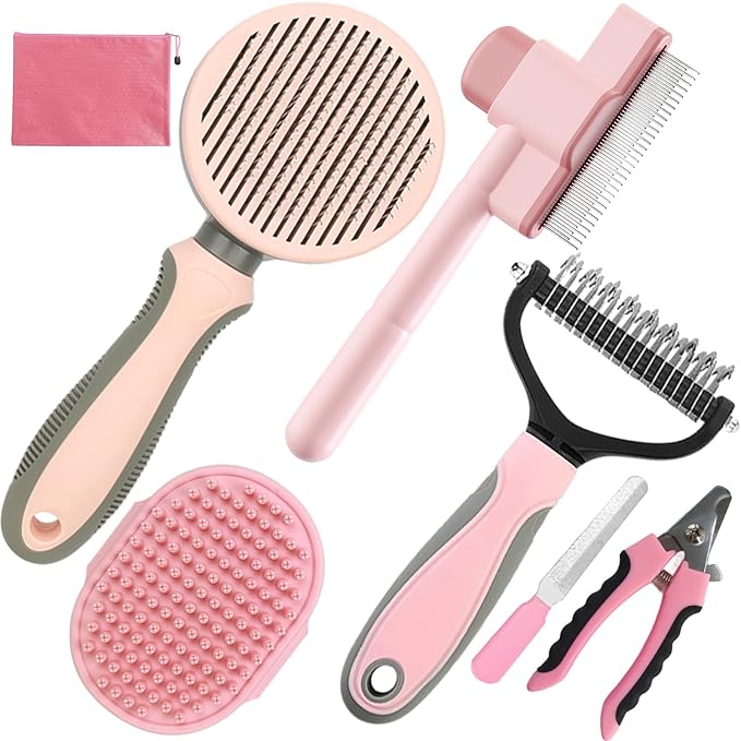 KUEIOX Pet Grooming Kit - 7 PCS Deshedding Brush Set with Slicker, Undercoat Rake, Bath Brush & Nail Clipper for Short & L...