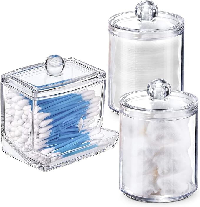 WISIEW Swab Holder Canisters with Lid, Bathroom Qtip Dispenser Apothecary Jars, Clear Plastic Cotton Ball Pad Container fo...