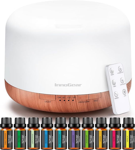InnoGear Aromatherapy Diffuser & 10 Essential Oils Set, 500ml Essential Oil Diffuser with Remote Control Ultrasonic Cool M...