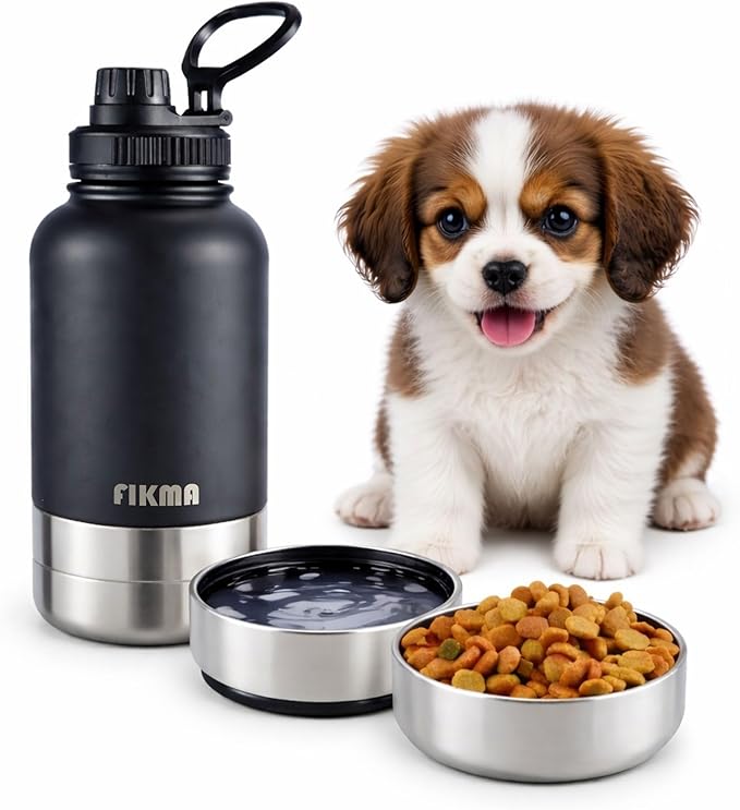 Fikma Insulated Dog Water Bottle with 2 Bowls, 32oz Insulated Stainless Steel Travel Bottle for Pets, Leak-Proof Portable ...