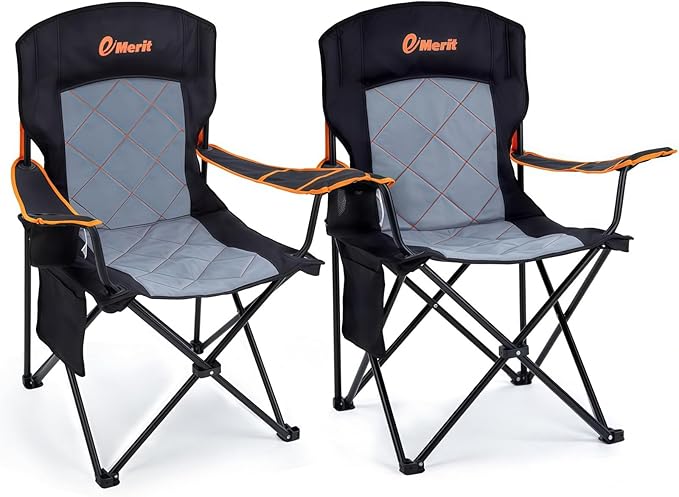 EMERIT 2 Pack Oversized Padded Camping Chair, 350LB Heavy Duty Quad Fold Chair with Arms, Collapsible Outdoor Chairs with ...