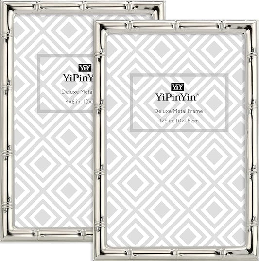 YiPinYin 4x6'' Bamboo Detail Designs Silver Metal Picture Frame 2pack, Elegant Silver Plated Baby Nurse Photo Frames 4x6''...