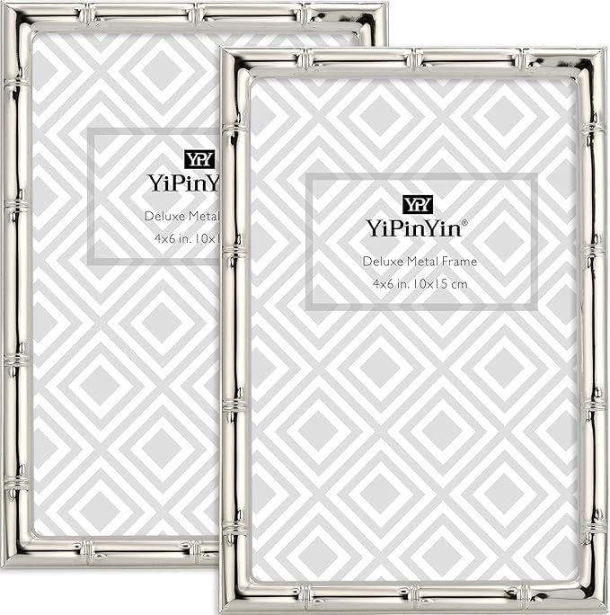YiPinYin 4x6'' Bamboo Detail Designs Silver Metal Picture Frame 2pack, Elegant Silver Plated Baby Nurse Photo Frames 4x6''...