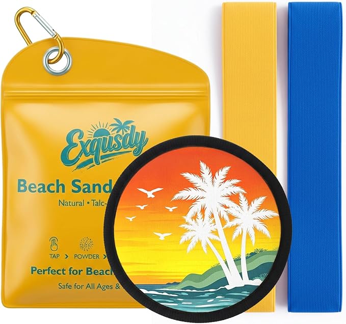 Exqusdy 2 in 1 Sand Remover for Beach + Elastic Towel Bands for Cruise Chair – Powder Puff with Talc-Free Formula, Windpro...