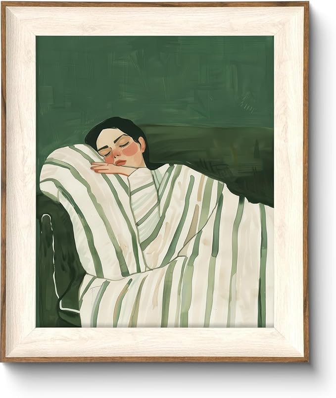 ASTRDECOR Minimalist Framed Wall Art - Cozy Woman Sleeping on Couch, Emerald Green & White Striped Blanket, Modern Aesthet...