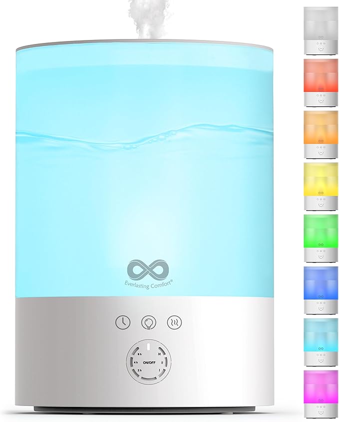 Everlasting Comfort 2.5L Top Fill Humidifier for Bedroom – Quiet, Easy to Fill & Clean, 24HR Runtime, Night Lights, Timer,...