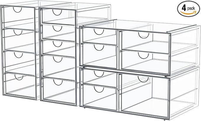 caktraie Makeup Organizer Storage with 16 Drawers, 4 Pcs Desktop Office Supplies, Desk Organizers, Clear Accessories, Dust...