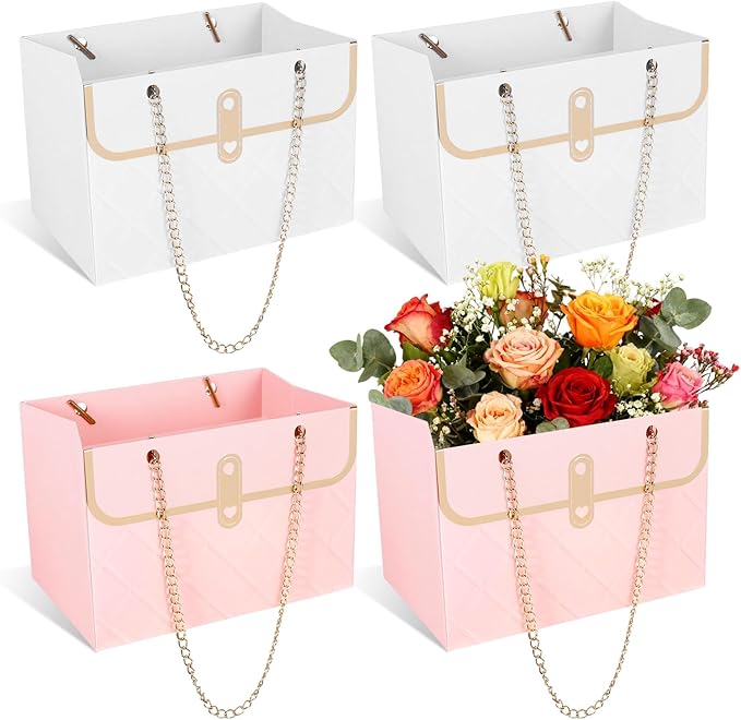 4 Pcs Flower Paper Gift Box Bouquet Storage Bucket, Flower Boxes Wedding Florist Handbag with Metal Chain, Floral Craft Wr...