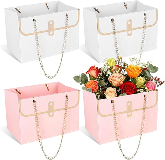 4 Pcs Flower Paper Gift Box Bouquet Storage Bucket, Flower Boxes Wedding Florist Handbag with Metal Chain, Floral Craft Wr...