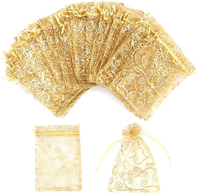 Staruby Organza Gift Bags 100Pcs Gold Sheer Organza Bag 4x6 Inch Mesh Favor Bags Drawstring Jewelry Rattan Printed Gift Po...
