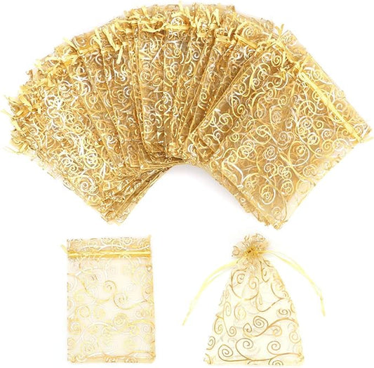 Staruby Organza Gift Bags 100Pcs Gold Sheer Organza Bag 4x6 Inch Mesh Favor Bags Drawstring Jewelry Rattan Printed Gift Po...