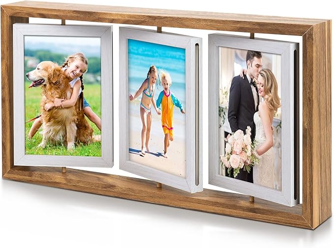 ZEEYUAN 4x6 Rotating Picture Frame Desktop Rustic 4x6in Wooden Photo Frames, Double Side-Display 6 Photos, Floating 4x6 Co...
