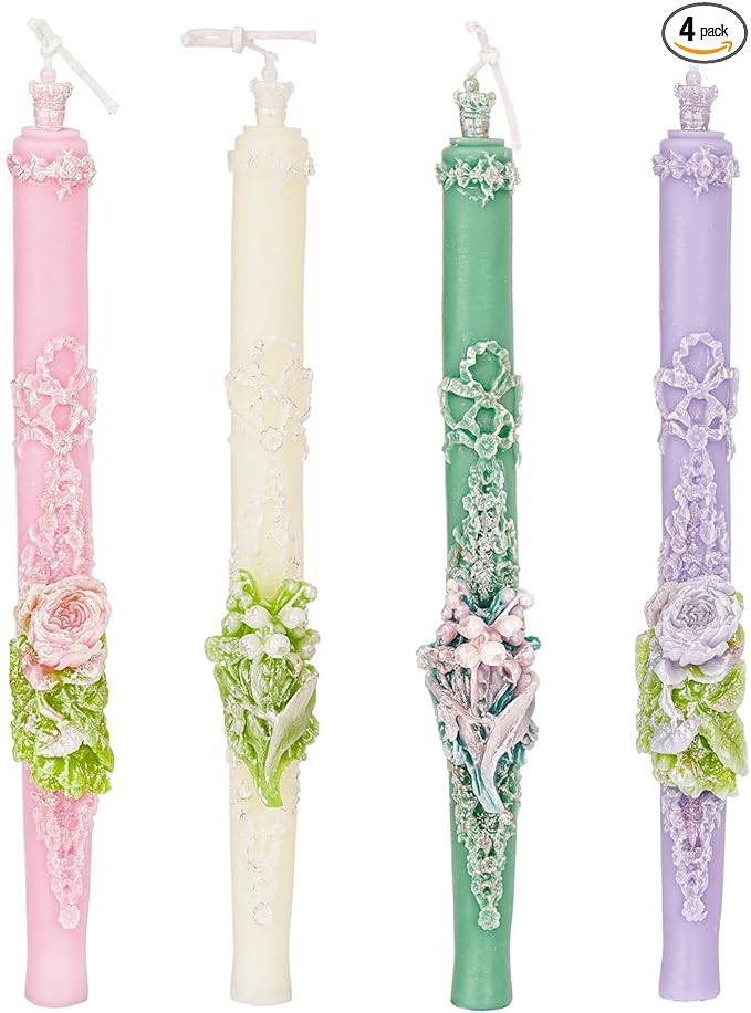Sungmor Handcrafted Decorative Taper Candles – 9 Inch Floral Embossed Set of 4, Elegant Wedding & Home Décor Candles, Mult...