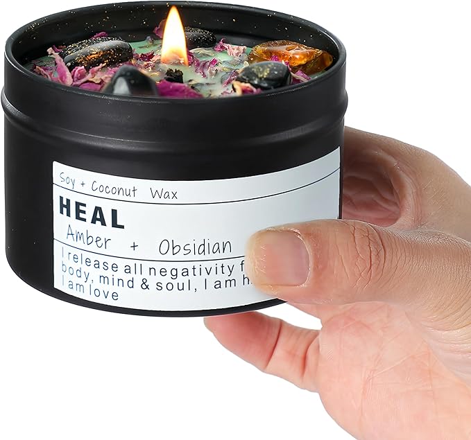 Obsidian Crystal Energy Candle, Good Aura Health Protection, Baltic Amber Chakra Magic Self-Care, Emotional Support, Encou...