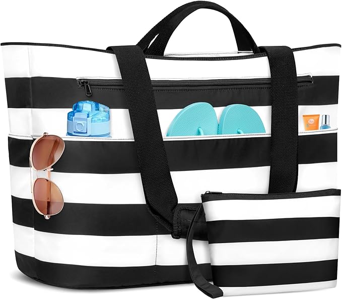 BKNOOU Extra Large Beach Bags Waterproof Sandproof XL Beach Tote Bag for Women Zipper Foldable Swim Pool Bag with Wet Pocket